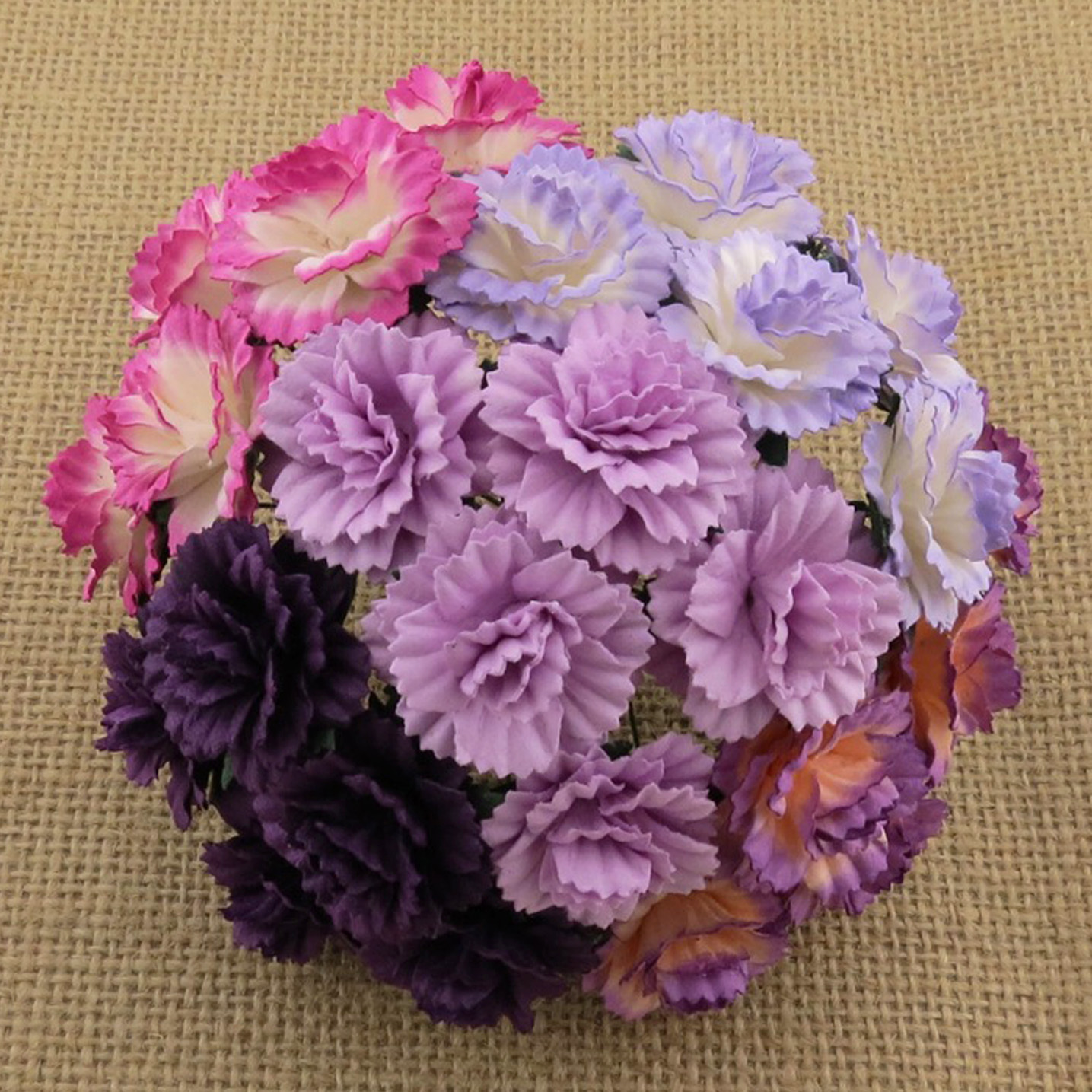 50 MIXED PURPLE/LILAC MULBERRY PAPER CARNATION FLOWERS - Click Image to Close