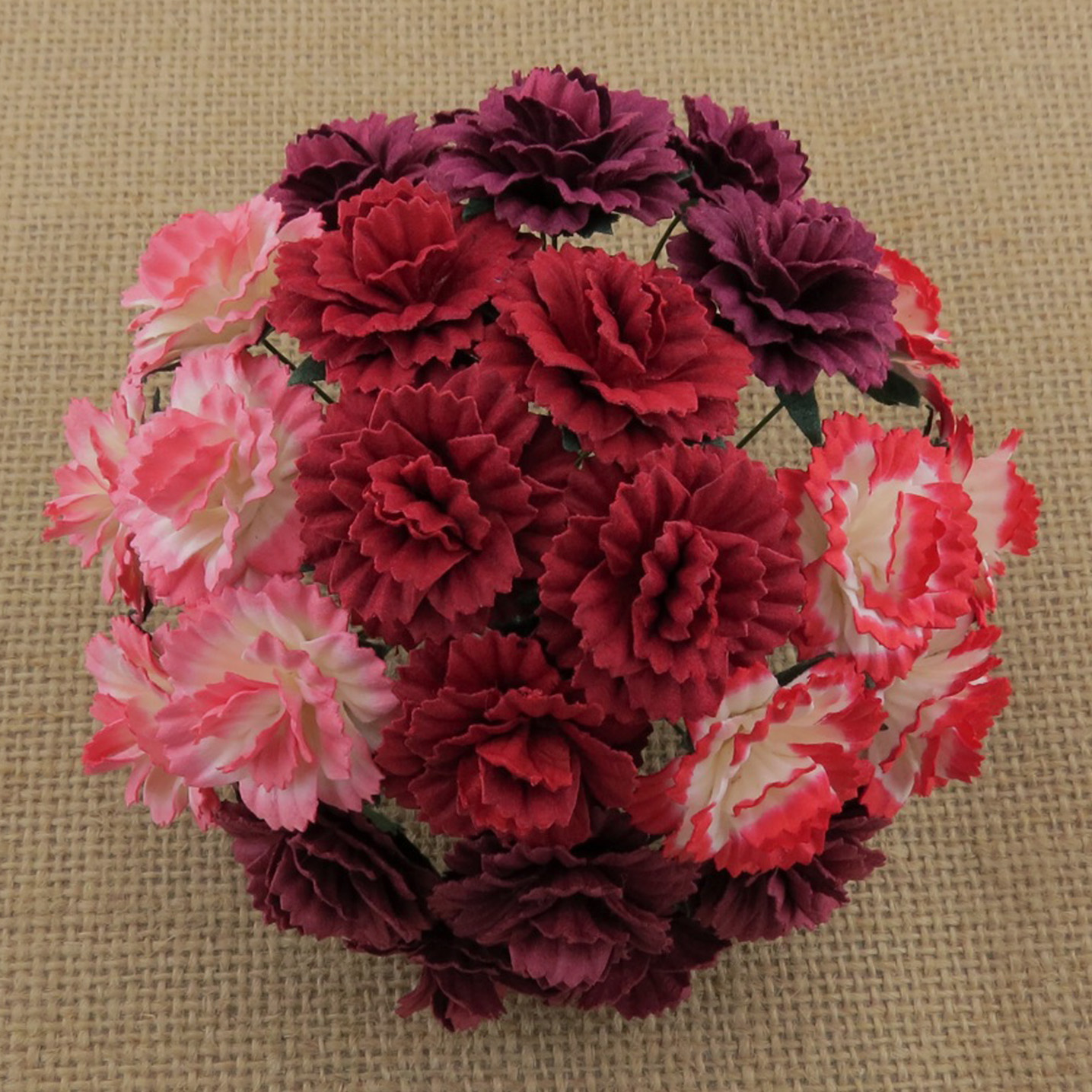 50 MIXED RED MULBERRY PAPER CARNATION FLOWERS - Click Image to Close