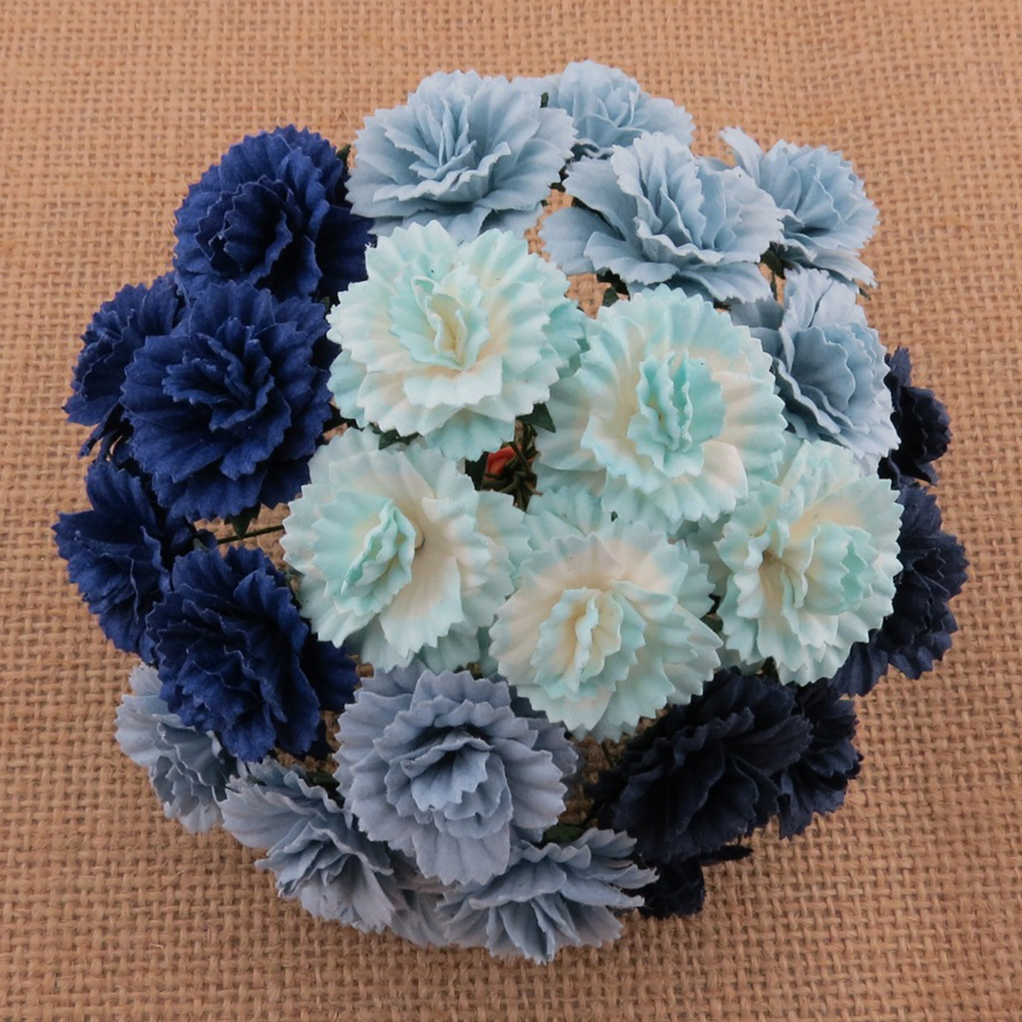 50 MIXED BLUE MULBERRY PAPER CARNATION FLOWERS - Click Image to Close