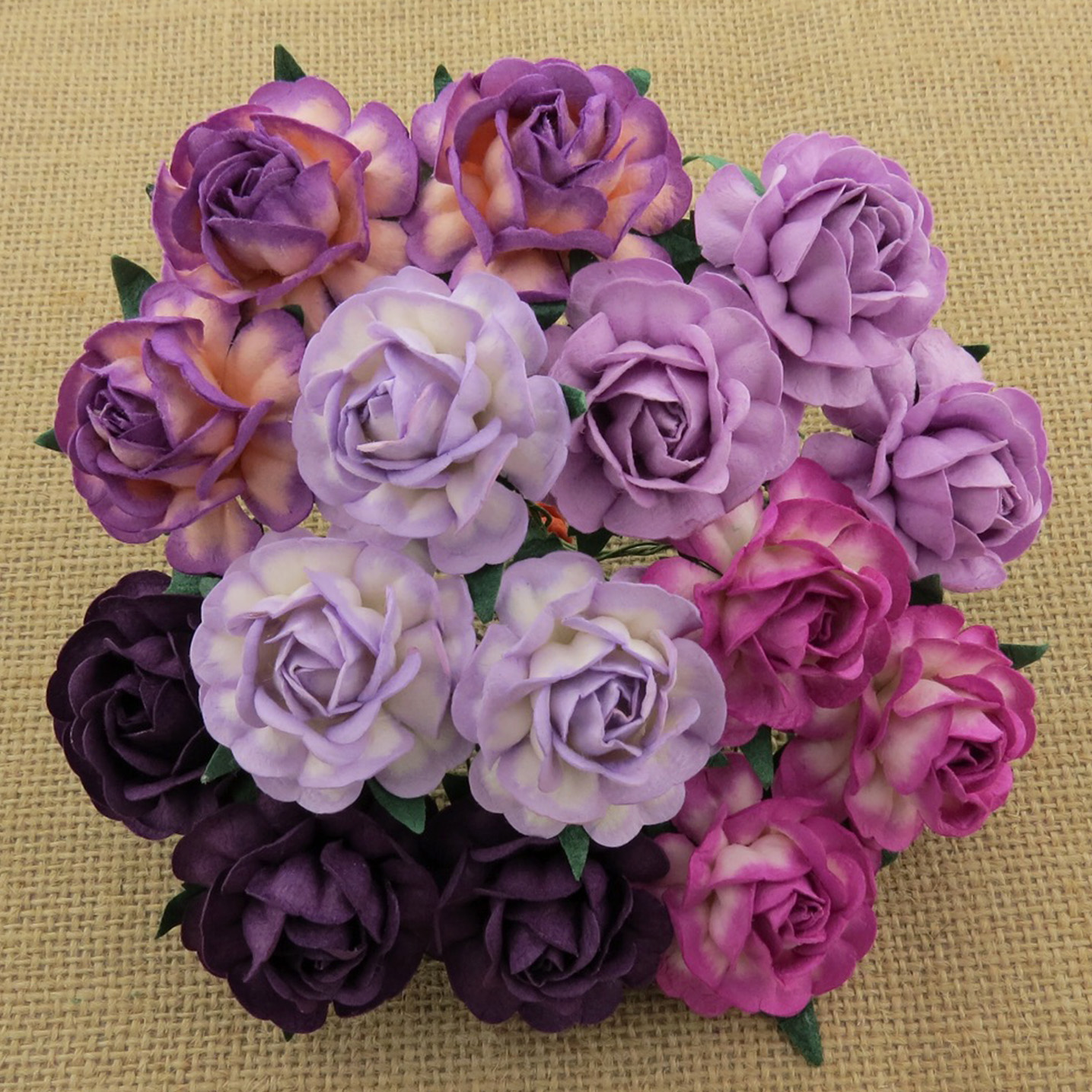 50 MIXED PURPLE/LILAC MULBERRY PAPER TEA ROSES 40mm - 5 COLOR - Click Image to Close