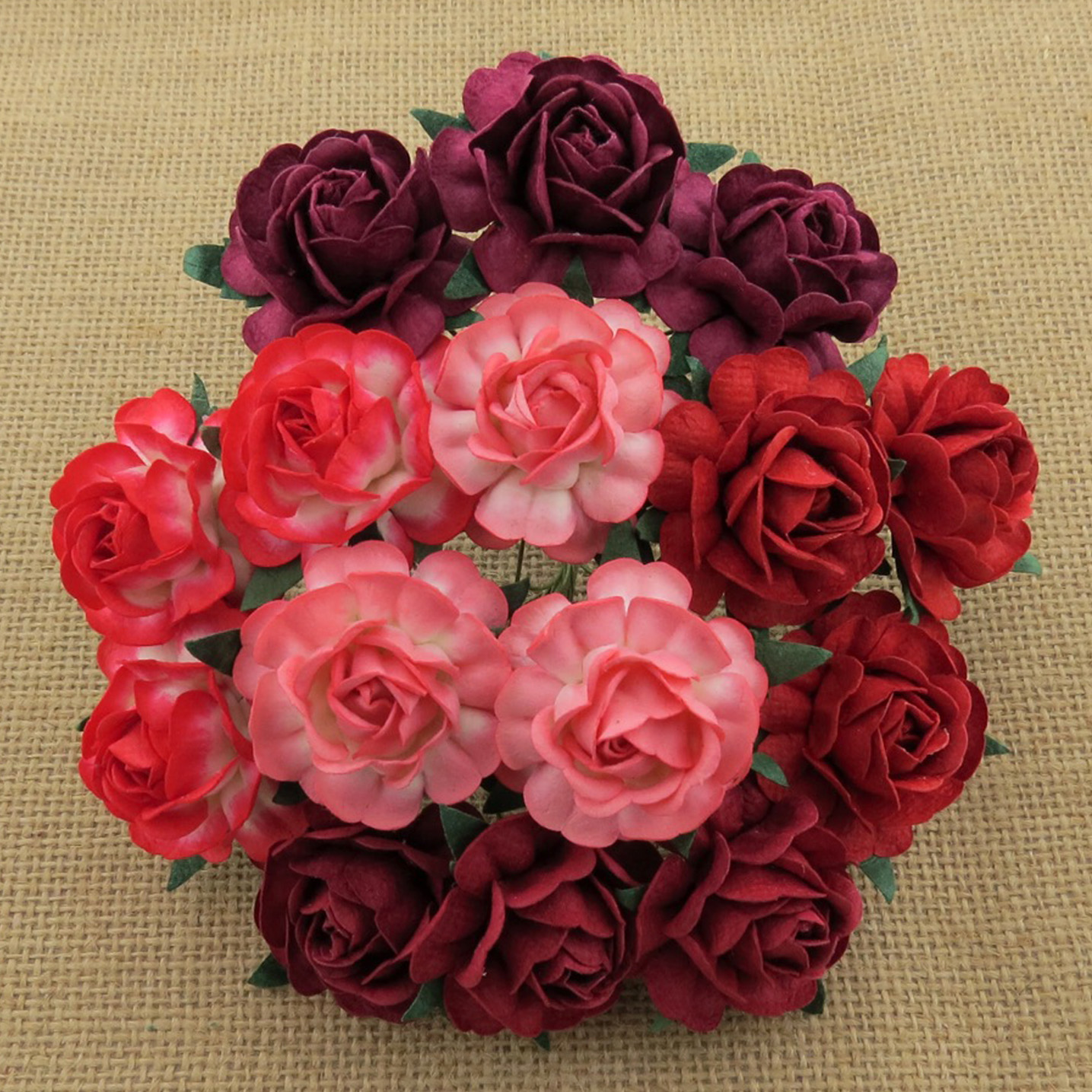 50 MIXED RED MULBERRY PAPER TEA ROSES 40mm - 5 COLOR - Click Image to Close