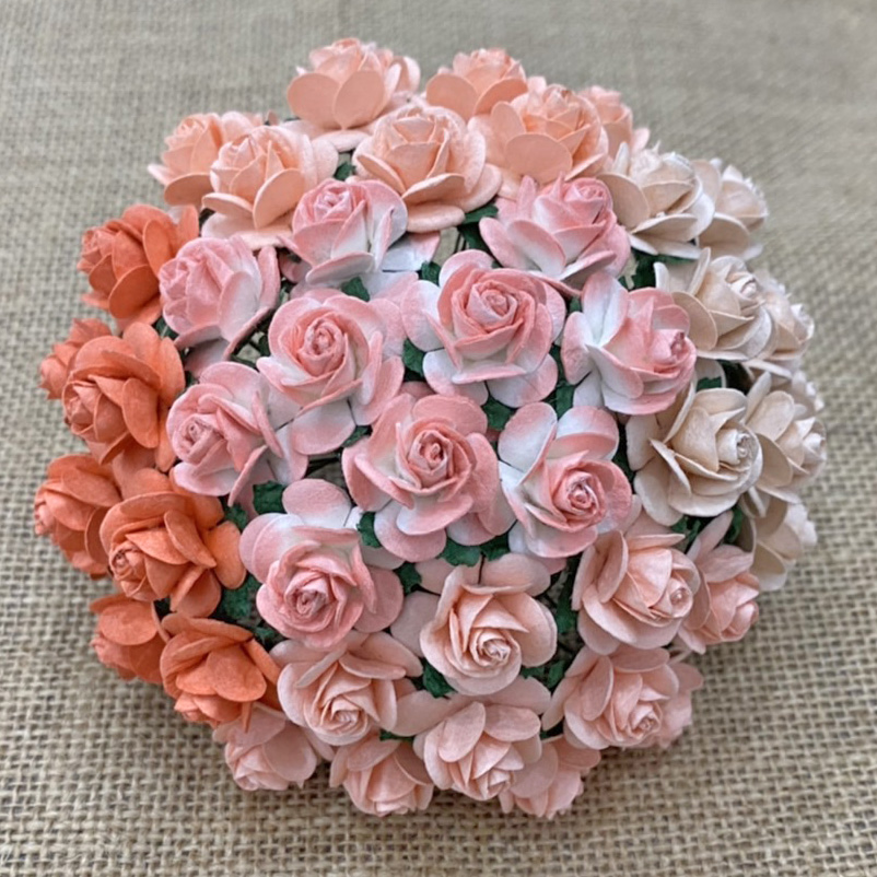 100 MIXED PEACH & ORANGE MULBERRY PAPER OPEN ROSES - Click Image to Close
