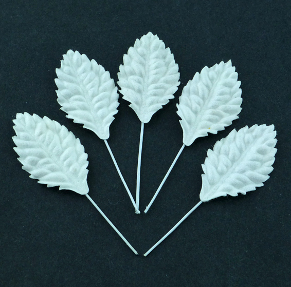 50 WHITE MULBERRY PAPER LEAVES WITH STEM 40mm