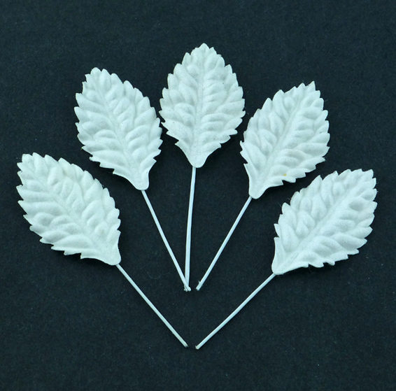 50 WHITE MULBERRY PAPER LEAVES WITH STEM 40mm - Click Image to Close