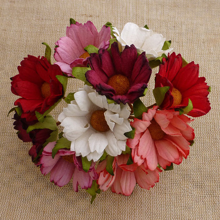 50 MIXED RED/PINK & WHITE MULBERRY PAPER CHRYSANTHEMUMS - Click Image to Close