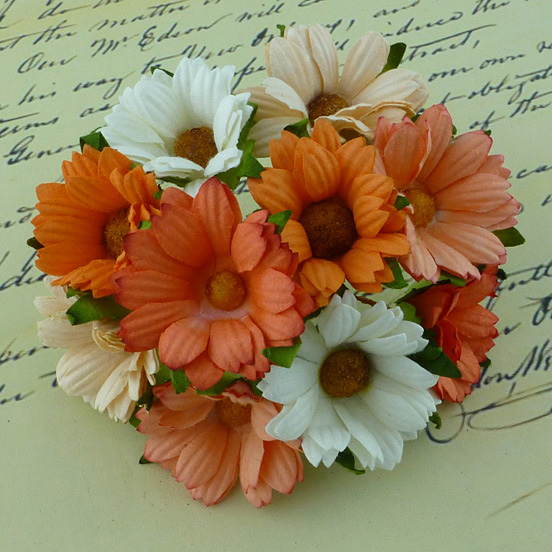 50 MIXED PEACH/ORANGE/WHITE MULBERRY PAPER CHRYSANTHEMUMS - Click Image to Close