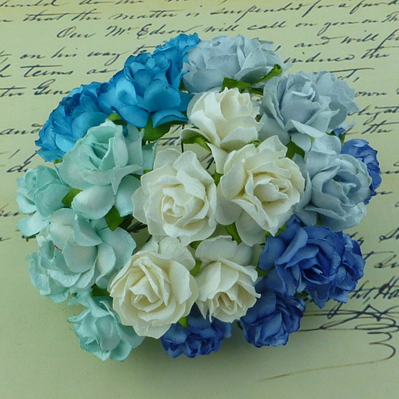 50 MIXED BLUE/AQUA/WHITE MULBERRY PAPER WILD ROSES 30mm - Click Image to Close