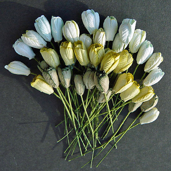 40 MIXED GREEN TONE MULBERRY PAPER TULIP FLOWERS - Click Image to Close