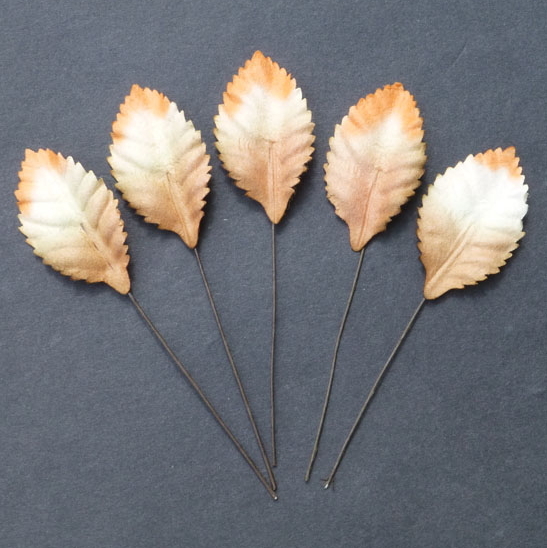 100 2-Tone White/Orange/Brown Mulberry Paper Leaves - 35mm - Click Image to Close