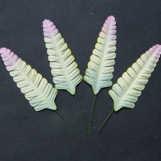 100 2-tone Green/pink Fern Mulberry Paper Leaves - 70mm - Click Image to Close