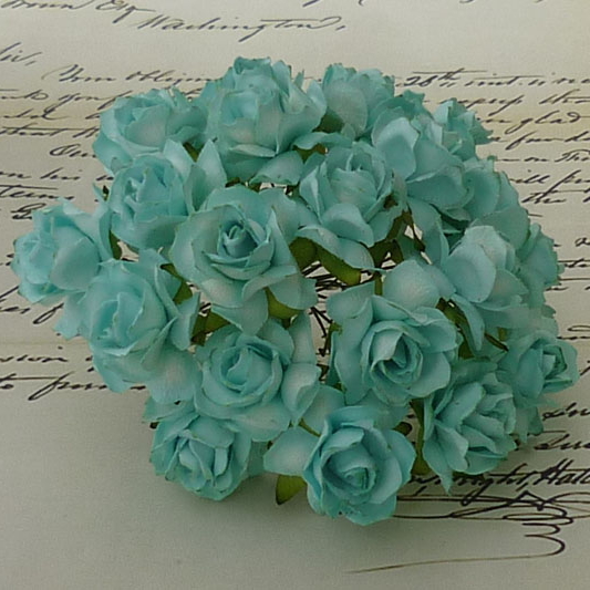 50 2-TONE AQUA MULBERRY PAPER WILD ROSES - 30mm